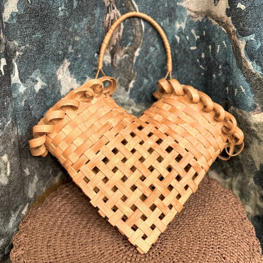 Vintage Rare Wall Hanging Heart Shaped Double Opening Basket 14”x12”